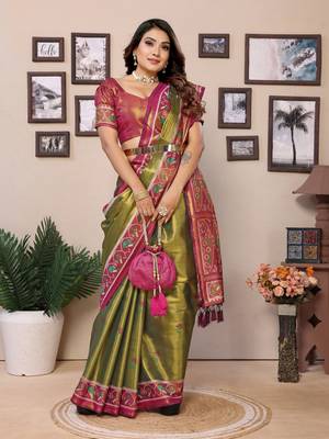 Olive tissue silk patola design art kanjeevaram silk saree 2