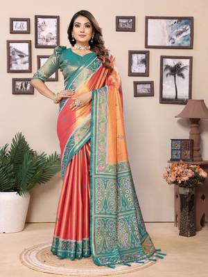 Orange tissue silk patola design art kanjeevaram silk saree 1