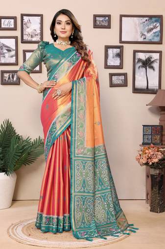 Orange tissue silk patola design art kanjeevaram silk saree