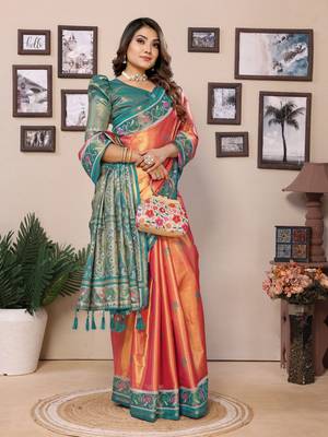 Orange tissue silk patola design art kanjeevaram silk saree 2