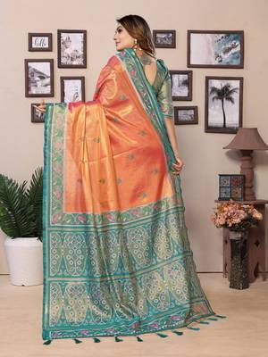 Orange tissue silk patola design art kanjeevaram silk saree 3