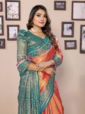 Orange tissue silk patola design art kanjeevaram silk saree 4