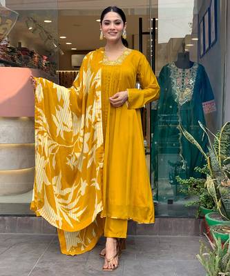 Mustard chinon silk festive wear readymade suit for girlie looks 1