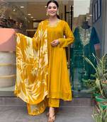 Mustard chinon silk festive wear readymade suit for girlie looks