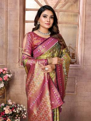 Olive tissue silk patola design art kanjeevaram silk saree 4