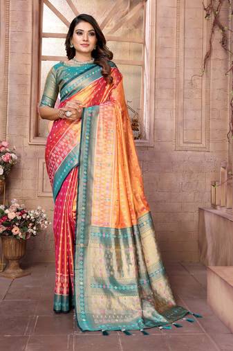 Orange tissue silk patola design art kanjeevaram silk saree