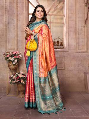 Orange tissue silk patola design art kanjeevaram silk saree 2