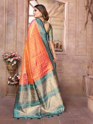 Orange tissue silk patola design art kanjeevaram silk saree 3