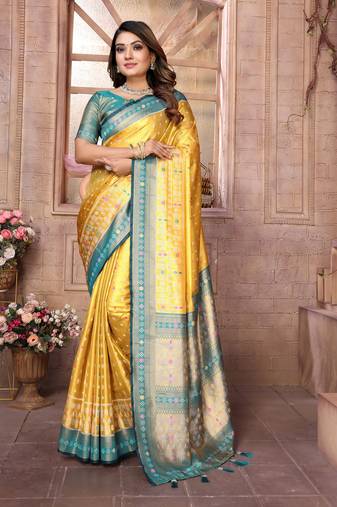 Yellow tissue silk patola design art kanjeevaram silk saree