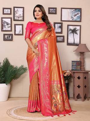 Orange tissue silk art paithani silk saree 1