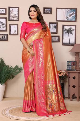 Orange tissue silk art paithani silk saree