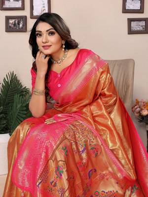 Orange tissue silk art paithani silk saree 4
