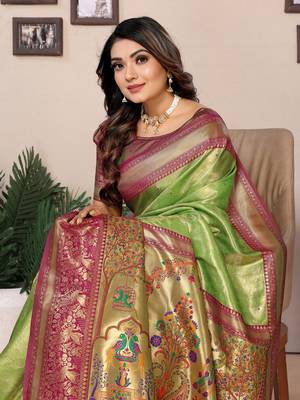 Parrot tissue silk art paithani silk saree 4