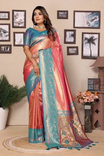 Peach tissue silk art paithani silk saree