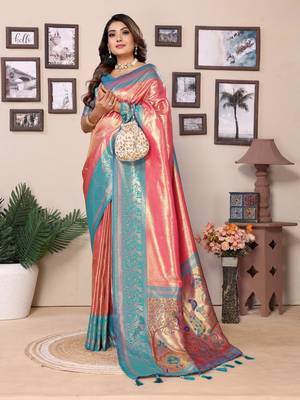 Peach tissue silk art paithani silk saree 2