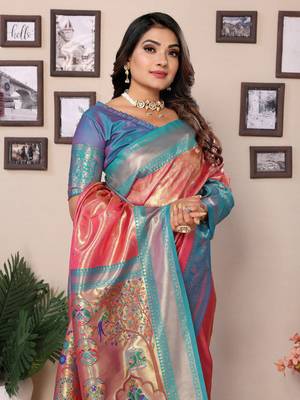 Peach tissue silk art paithani silk saree 4