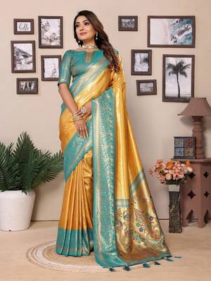 Yellow tissue silk art paithani silk saree 1