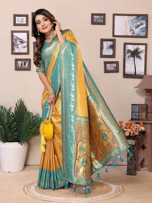 Yellow tissue silk art paithani silk saree 2