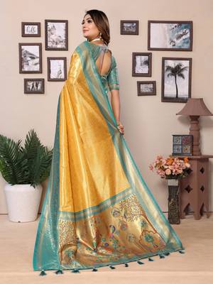 Yellow tissue silk art paithani silk saree 3