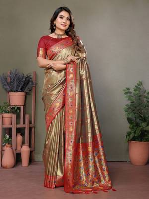 Beige tissue silk leriya design art kanjeevaram silk saree 1