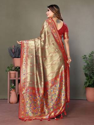 Beige tissue silk leriya design art kanjeevaram silk saree 3