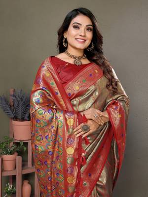 Beige tissue silk leriya design art kanjeevaram silk saree 4