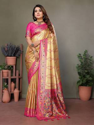 Gold tissue silk leriya design art kanjeevaram silk saree 1