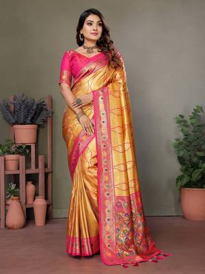 Mustard tissue silk leriya design art kanjeevaram silk saree 1