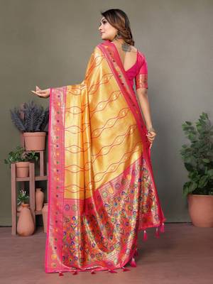 Mustard tissue silk leriya design art kanjeevaram silk saree 3