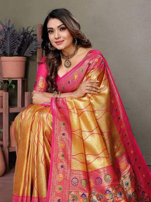 Mustard tissue silk leriya design art kanjeevaram silk saree 4