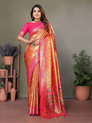 Orange tissue silk leriya design art kanjeevaram silk saree 1