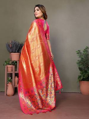 Orange tissue silk leriya design art kanjeevaram silk saree 3