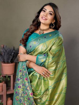 Parrot tissue silk leriya design art kanjeevaram silk saree 4