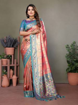 Peach tissue silk leriya design art kanjeevaram silk saree 1