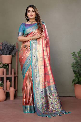 Peach tissue silk leriya design art kanjeevaram silk saree