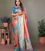 Peach tissue silk leriya design art kanjeevaram silk saree