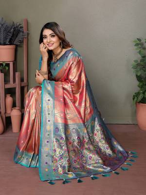 Peach tissue silk leriya design art kanjeevaram silk saree 2