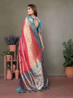 Peach tissue silk leriya design art kanjeevaram silk saree 3