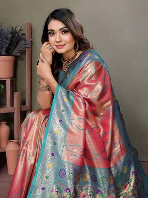 Peach tissue silk leriya design art kanjeevaram silk saree 4