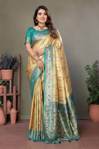 Yellow tissue silk leriya design art kanjeevaram silk saree