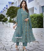 Teal blue sophisticated viscose fabric designer printed girlie suits