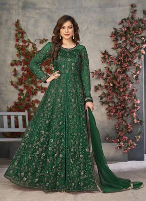 Green embroidery net anarkali suit 1