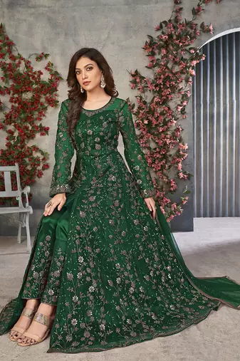 Green embroidery net anarkali suit