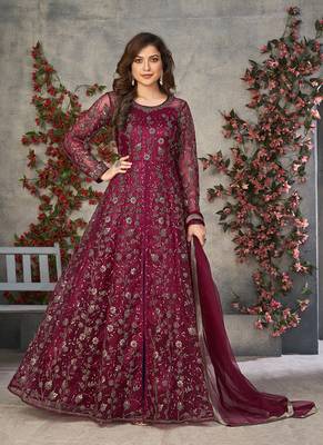 Rani pink embroidery net anarkali suit 1
