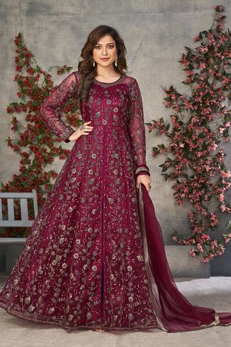 Rani pink embroidery net anarkali suit