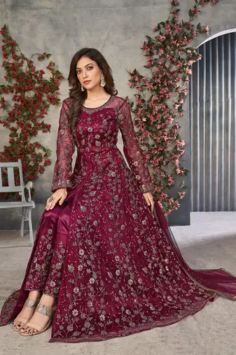 Rani pink embroidery net anarkali suit