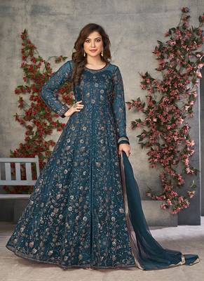 Teal blue embroidery net anarkali suit 1