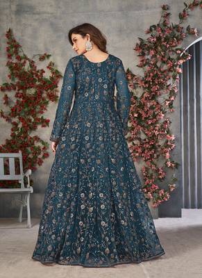 Teal blue embroidery net anarkali suit 2