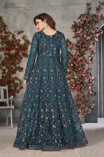 Teal blue embroidery net anarkali suit