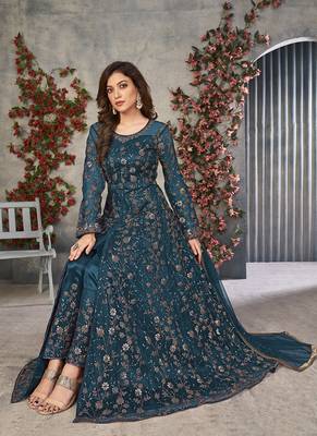 Teal blue embroidery net anarkali suit 3